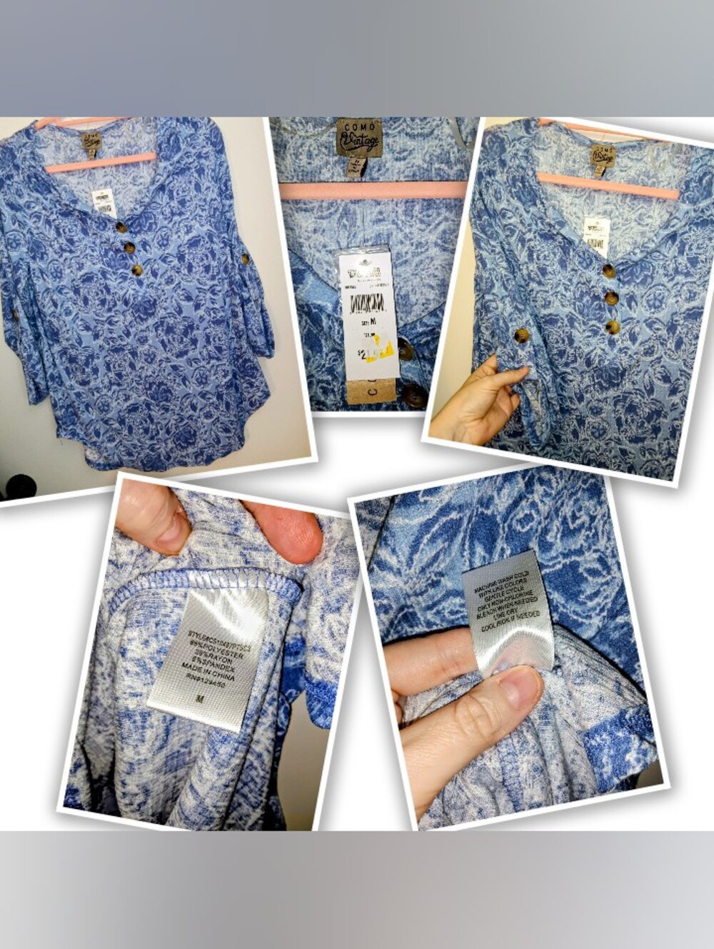 Como Vintage Blue Floral Henley Blouse Top Size M NWT